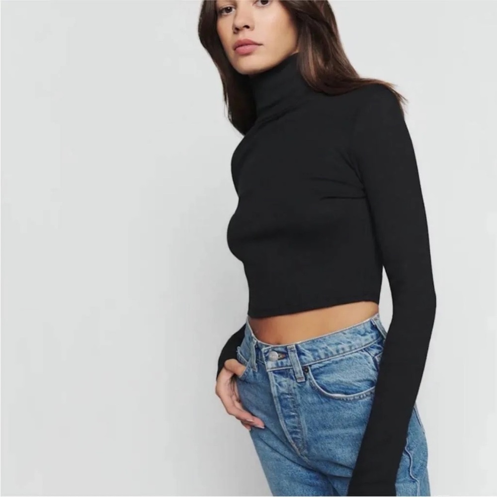 Reformation Davy Black Cropped Turtleneck Top Ribbed Crop M EUC